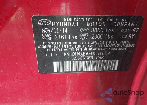 2015 Hyundai Elantra Limited z USA, uszkodzony, nr VIN KMHDH4AE6FU381619